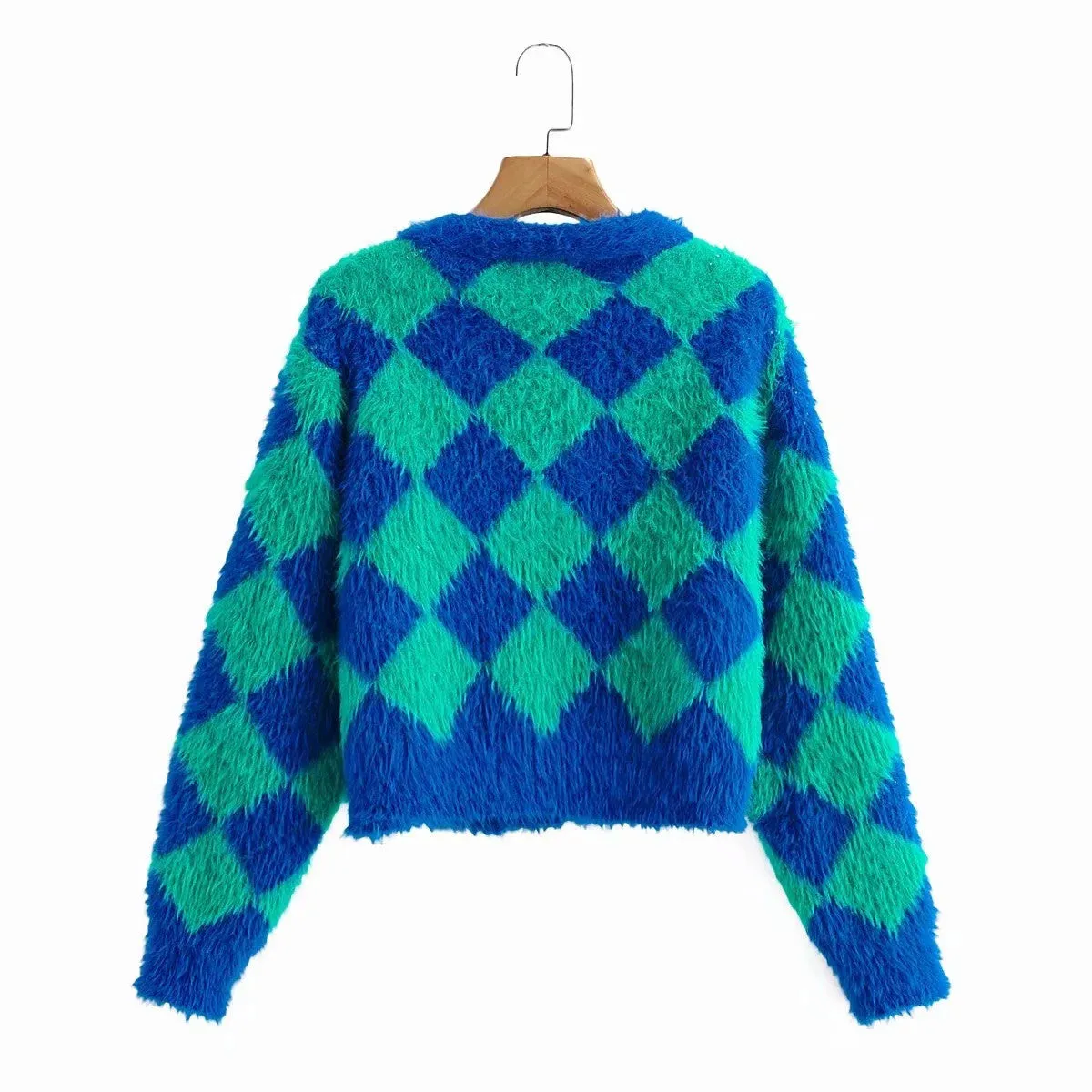 Soft & Fuzzy Green and Blue Harlequin Cardigan