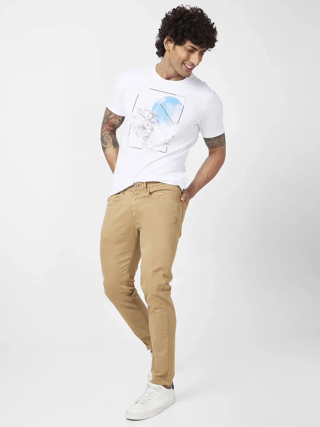 Spykar Men Camel Khaki Cotton Slim Fit Ankle Length Mid Rise Trousers