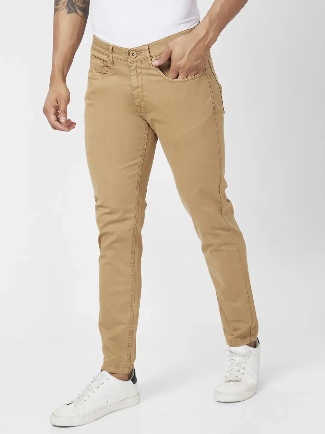 Spykar Men Camel Khaki Cotton Slim Fit Ankle Length Mid Rise Trousers