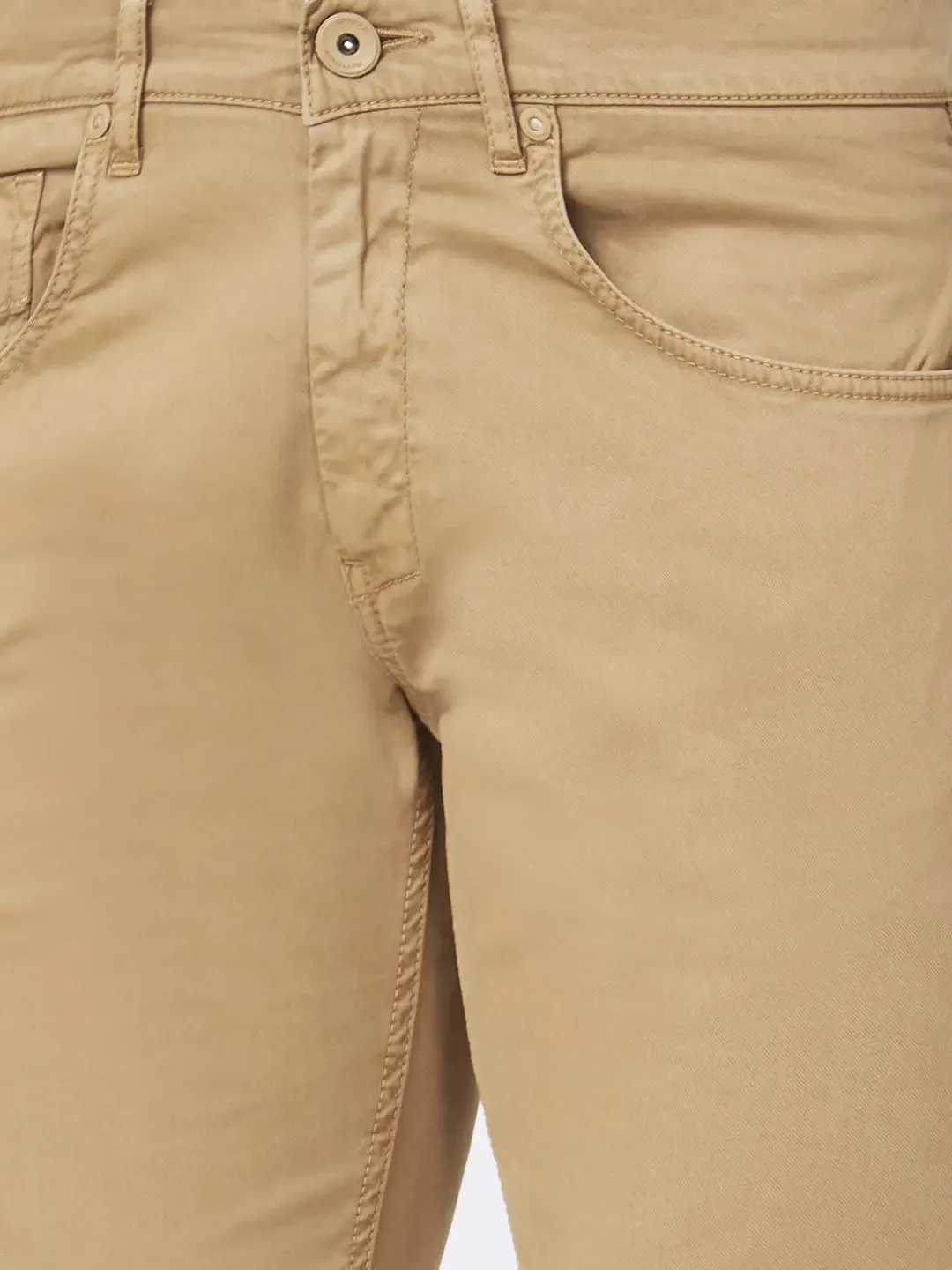 Spykar Men Camel Khaki Cotton Slim Fit Ankle Length Mid Rise Trousers