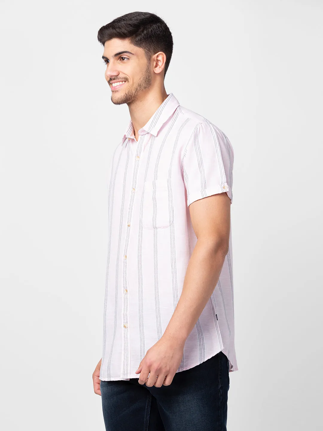 Spykar Men Light Peach Cotton Slim Fit Striped Shirt