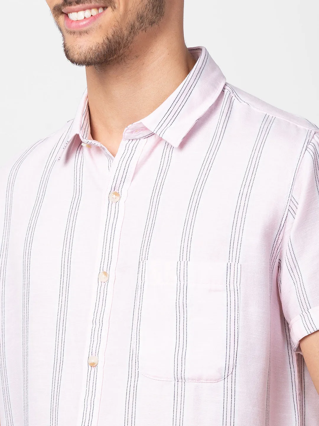 Spykar Men Light Peach Cotton Slim Fit Striped Shirt