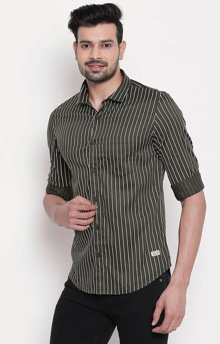Spykar Men Olive Cotton Slim Fit Striped Shirt
