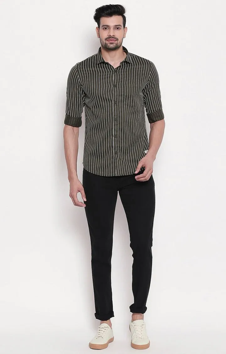 Spykar Men Olive Cotton Slim Fit Striped Shirt