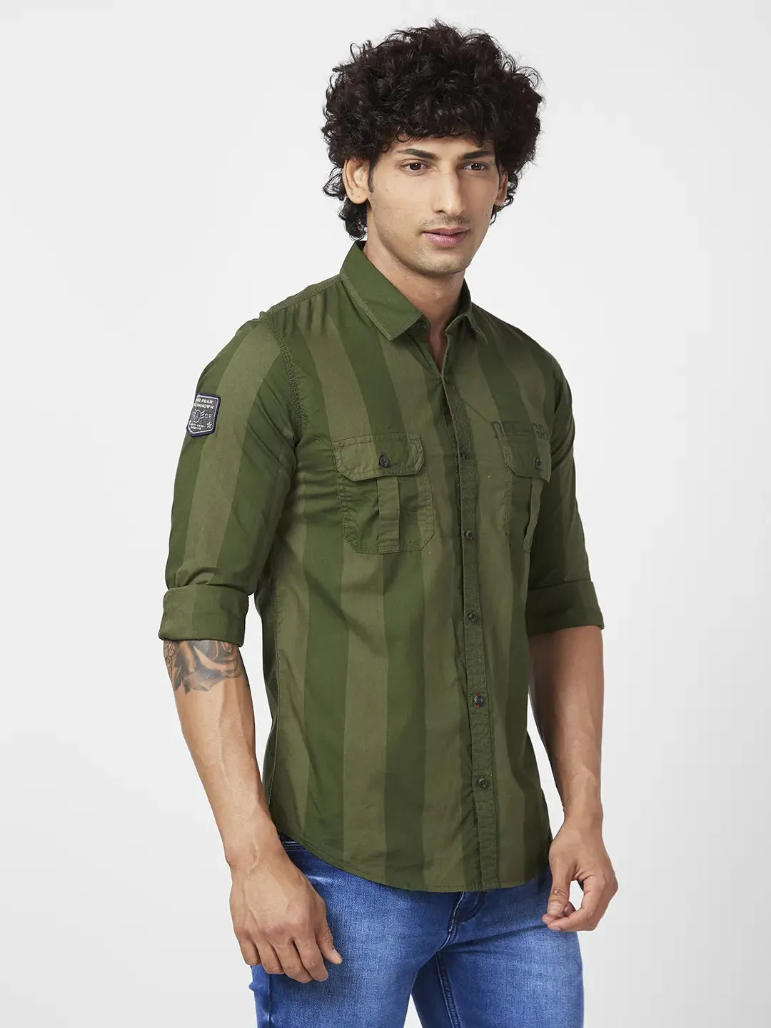 Spykar Men Olive Green Cotton Regular Slim Fit Full Sleeve Casual Striped Shirt