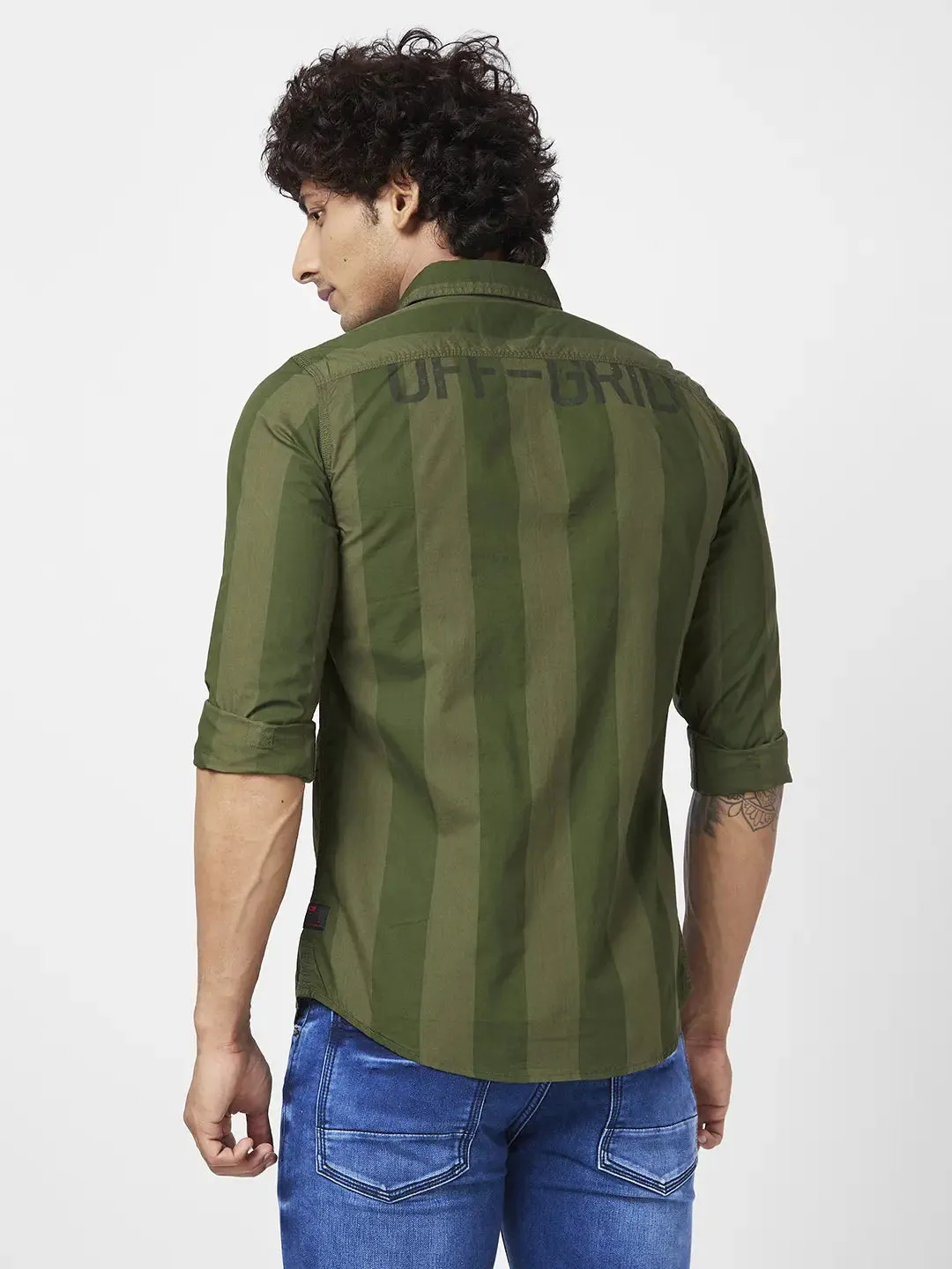 Spykar Men Olive Green Cotton Regular Slim Fit Full Sleeve Casual Striped Shirt