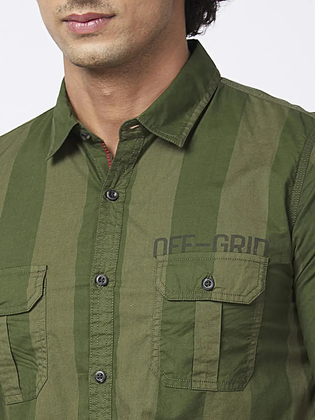Spykar Men Olive Green Cotton Regular Slim Fit Full Sleeve Casual Striped Shirt