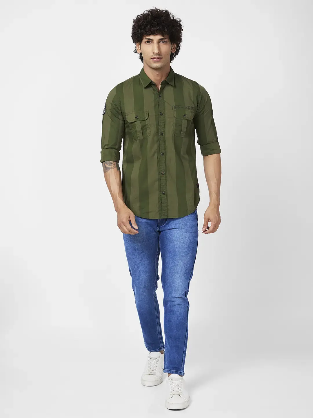 Spykar Men Olive Green Cotton Regular Slim Fit Full Sleeve Casual Striped Shirt
