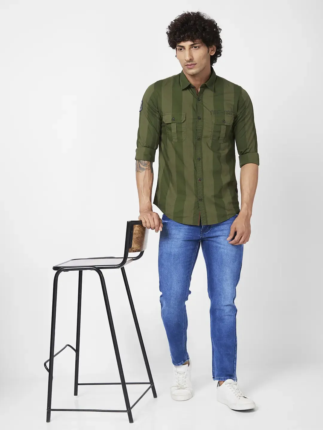 Spykar Men Olive Green Cotton Regular Slim Fit Full Sleeve Casual Striped Shirt