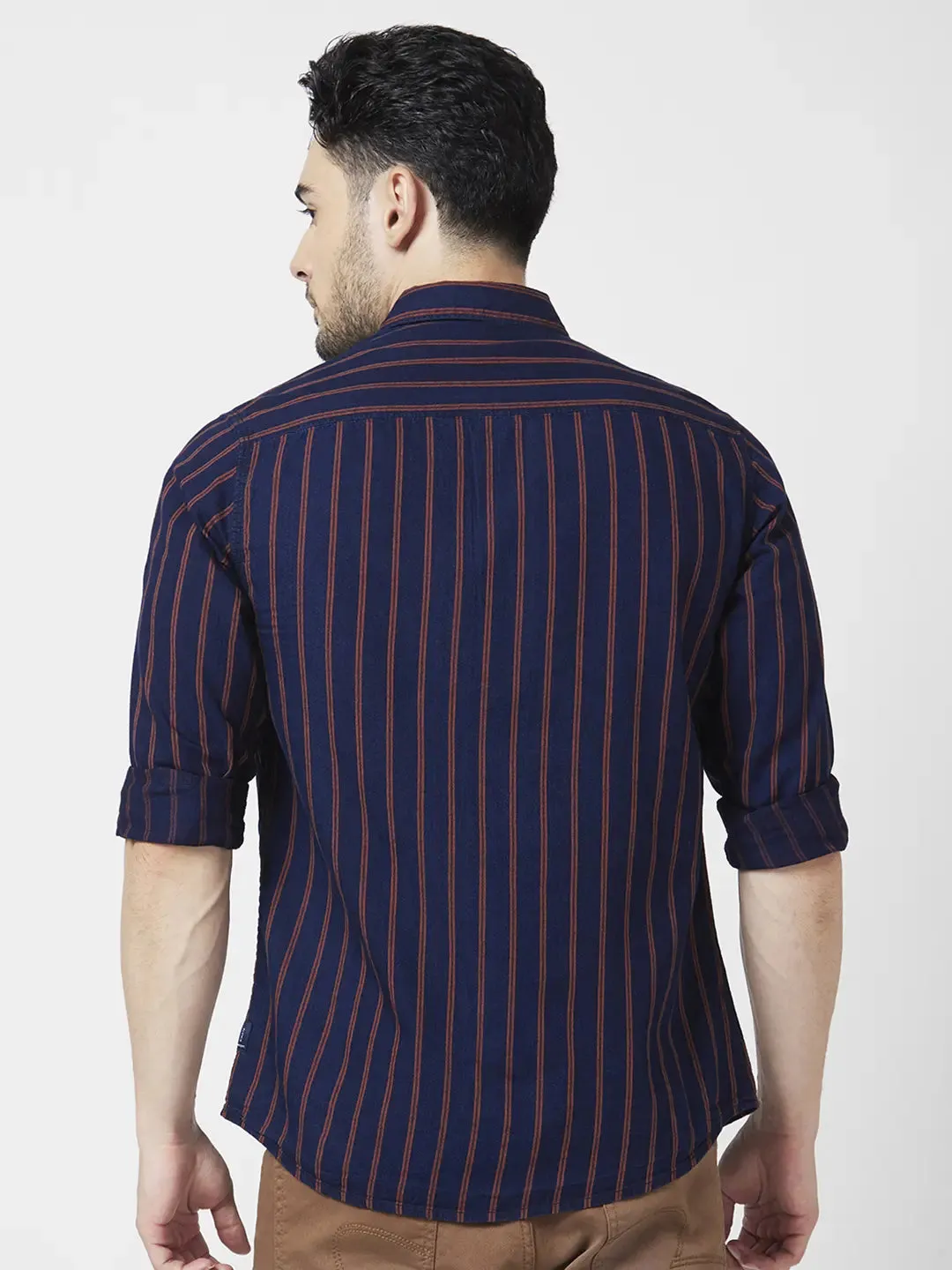 Spykar Men Red Cotton Slim Fit Full Sleeve Striped Shirt