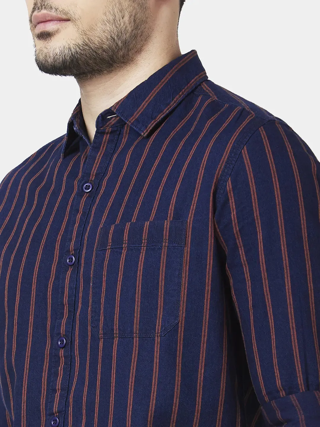 Spykar Men Red Cotton Slim Fit Full Sleeve Striped Shirt
