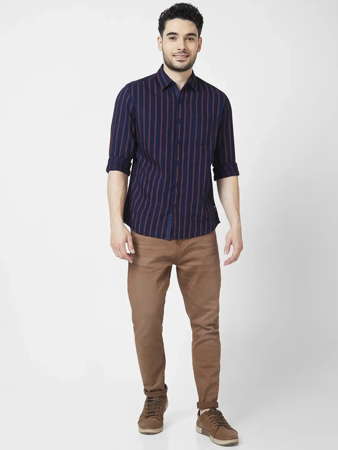 Spykar Men Red Cotton Slim Fit Full Sleeve Striped Shirt