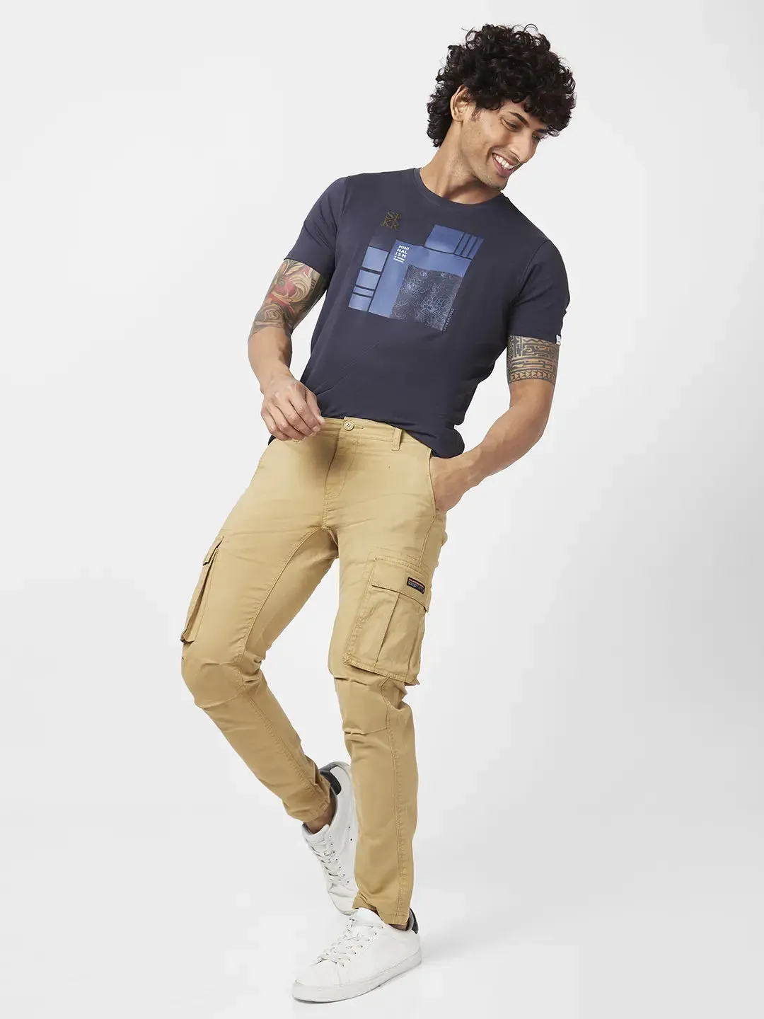 Spykar Men S and Khaki Cotton Tapered Fit Ankle Length Mid Rise Cargo Pant