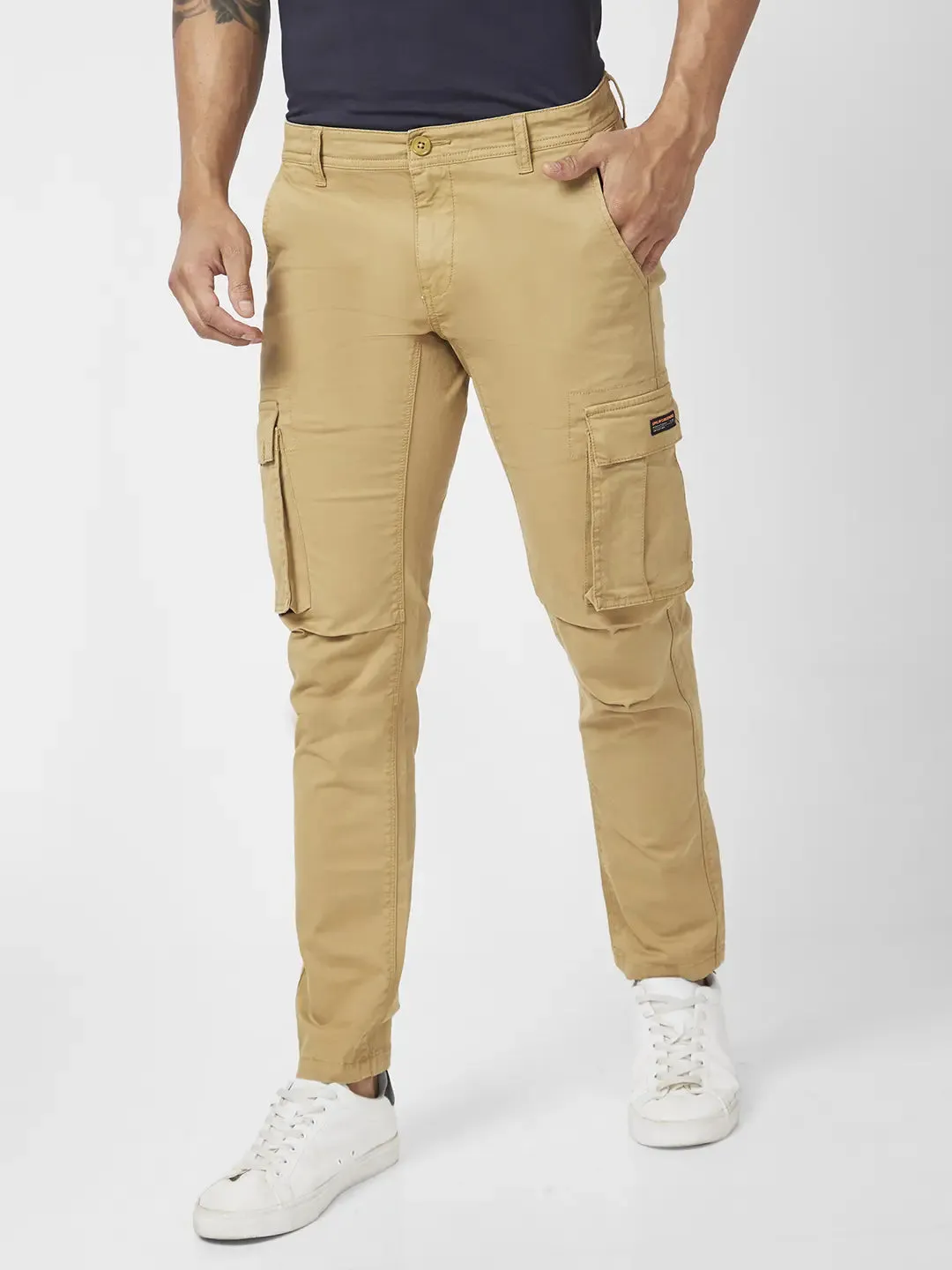 Spykar Men S and Khaki Cotton Tapered Fit Ankle Length Mid Rise Cargo Pant