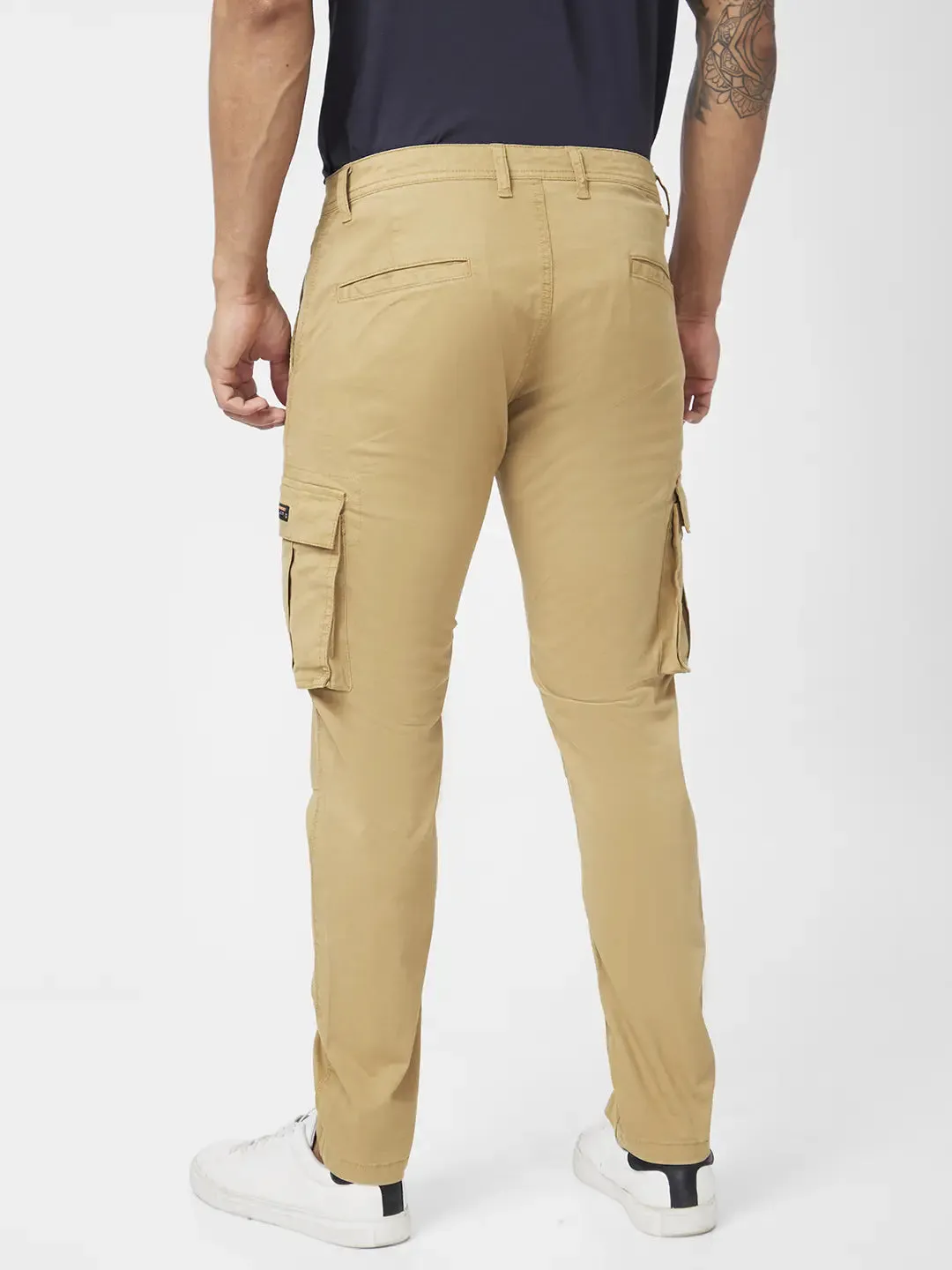 Spykar Men S and Khaki Cotton Tapered Fit Ankle Length Mid Rise Cargo Pant