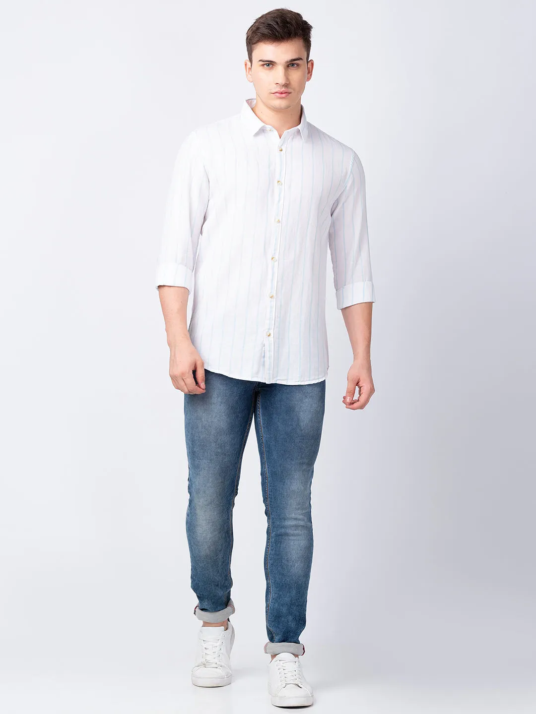 Spykar Men White Cotton Regular Slim Fit Striped Shirt