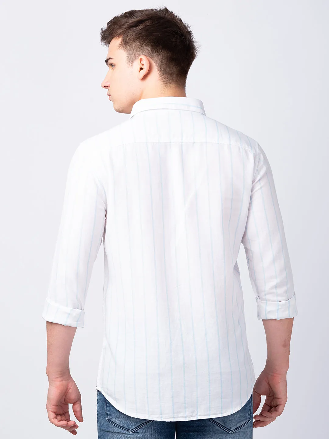Spykar Men White Cotton Regular Slim Fit Striped Shirt