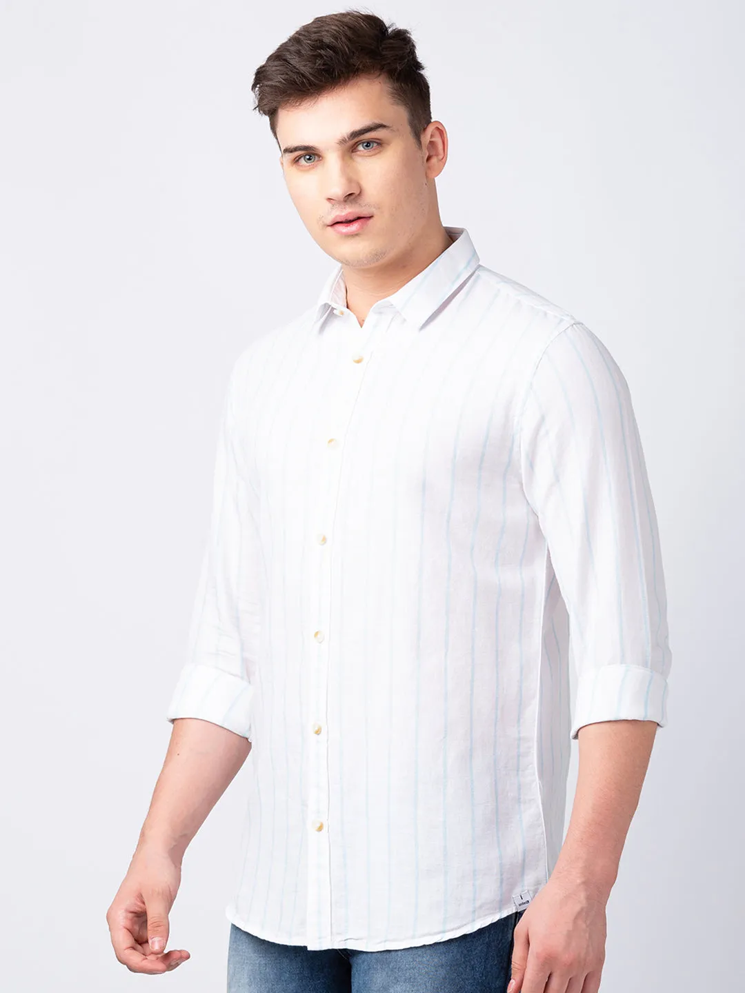 Spykar Men White Cotton Regular Slim Fit Striped Shirt