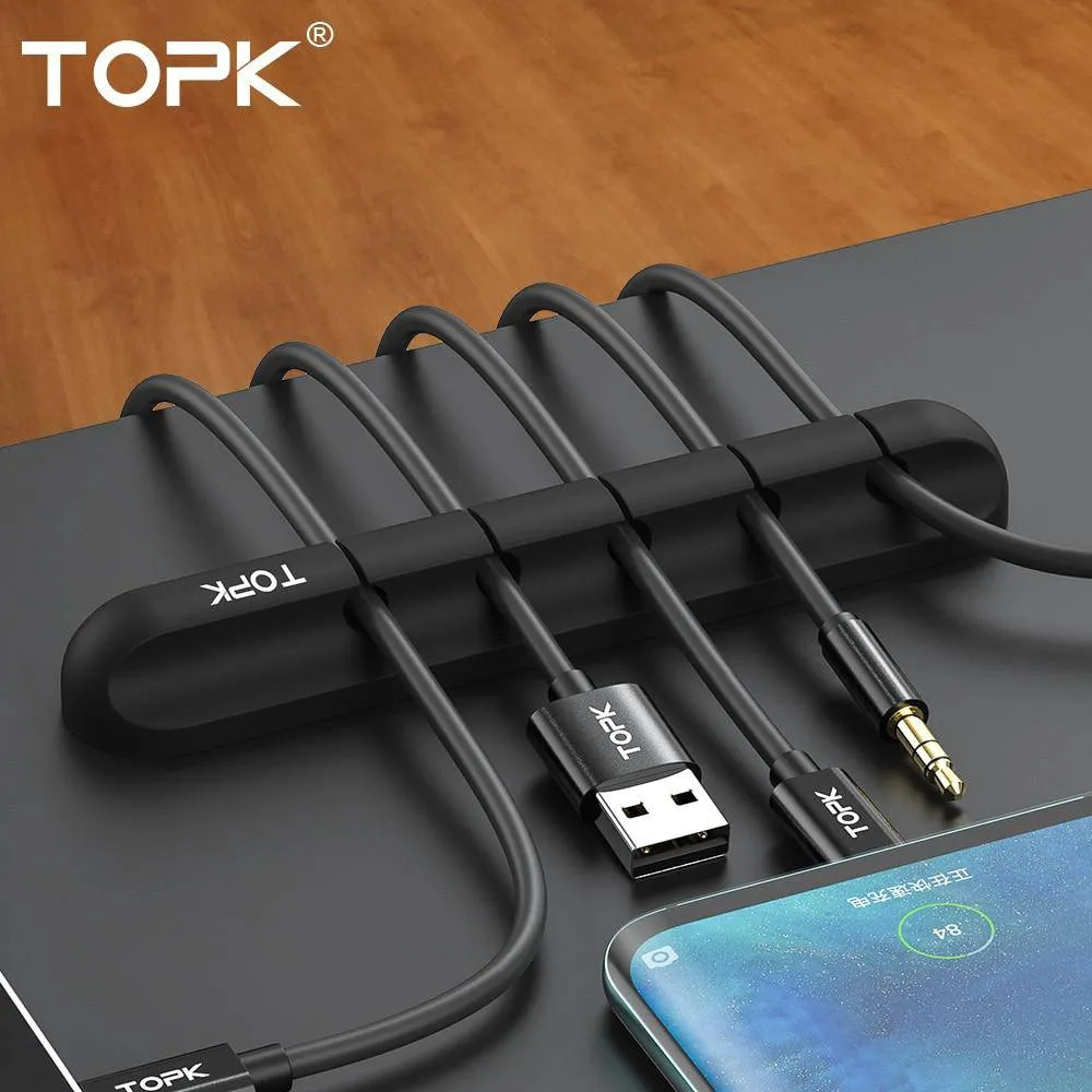TOPK Cable Organizer Silicone USB Cable Winder Desktop Tidy Management Clips Cable Holder