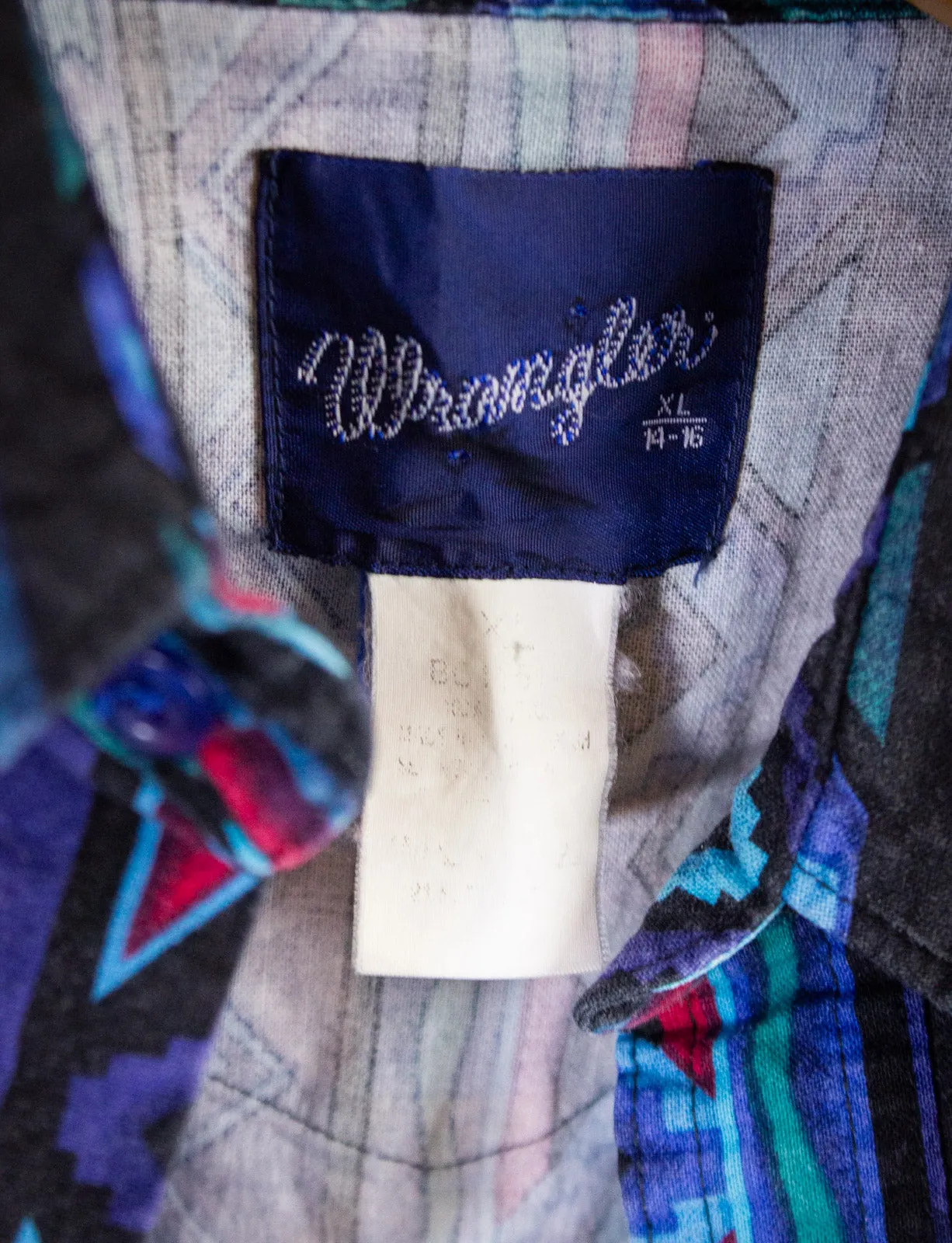 Vintage Wrangler Aztec Print Pearl Snap Western Shirt Blue Small
