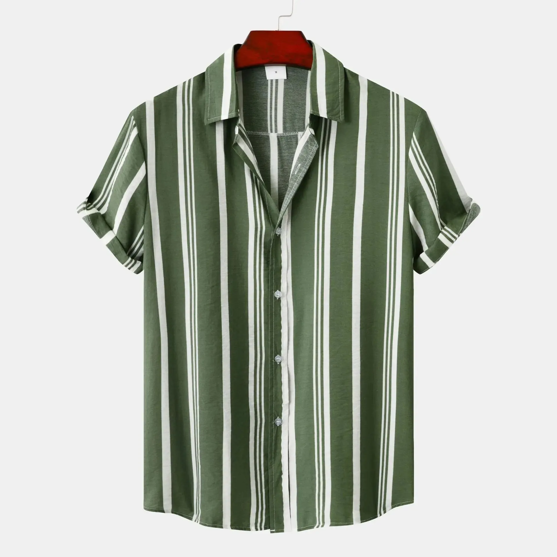 Wiaofellas  -  Fashion New Men's Hawaiian Cotton Shirts Trun-down Collar Striped Shirt Loose Short Sleeve Men's Casual Buttons Beach Shirts