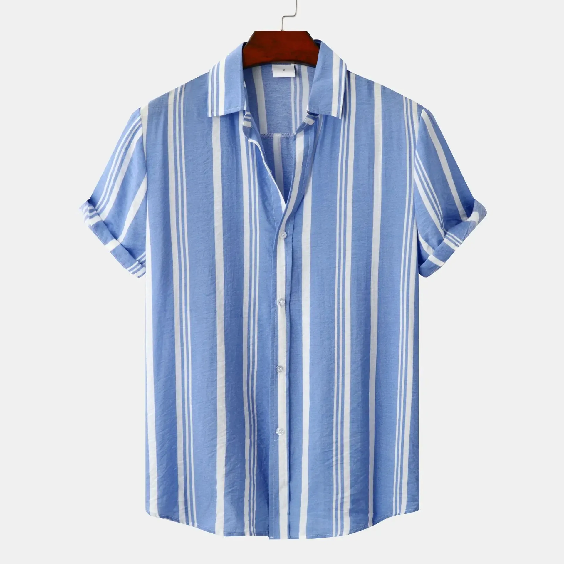 Wiaofellas  -  Fashion New Men's Hawaiian Cotton Shirts Trun-down Collar Striped Shirt Loose Short Sleeve Men's Casual Buttons Beach Shirts